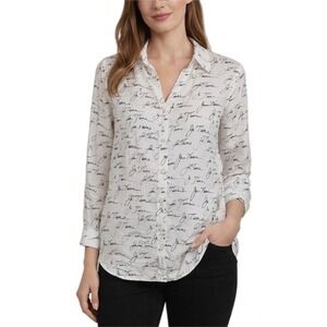 L'Agence White Holly Button-Front Blouse Je T'aime Print Size Small